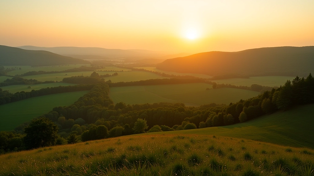 Žalioji žemė ir tolimi miškai matomi iš piliakalnio viršaus, saulė leidžiasi horizonte, aštri detalė