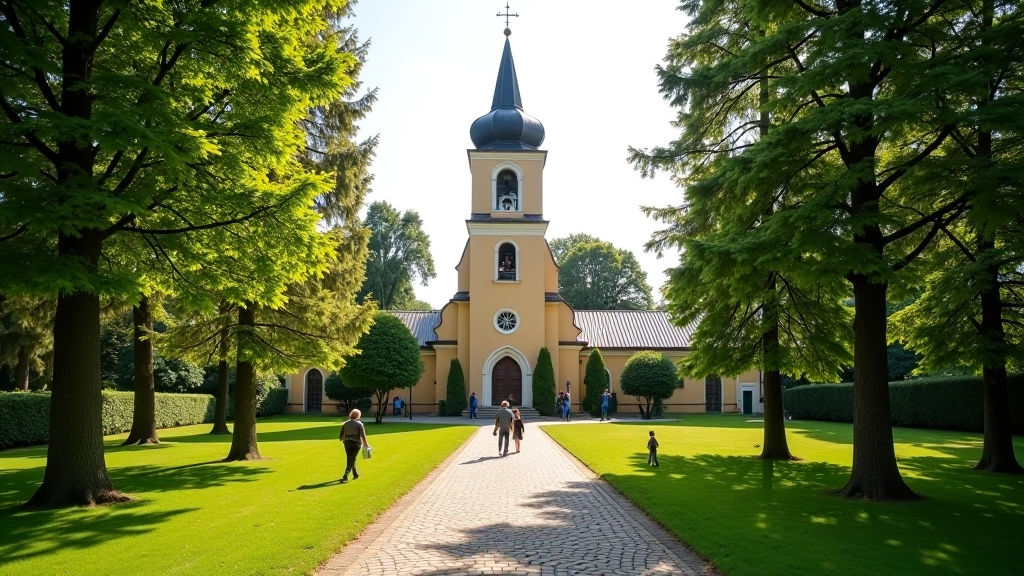 Šilalės bažnyčios šventoriaus vaizdas su žalio kraštovaizdžio nuotrauka