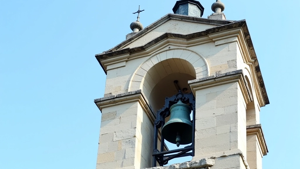 Bažnyčios varpų bokšto viršuje, detali metalinė konstrukcija ir balsai